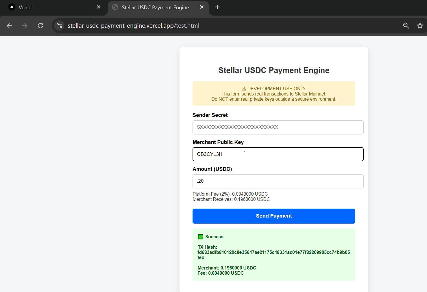 Live USDC Payment Split — Vercel Deployment (same payment flow executed in a serverless environment)